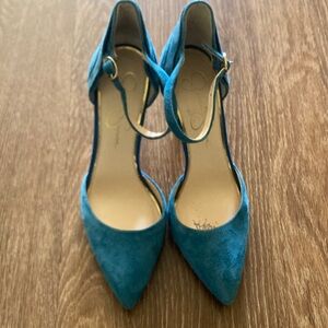 Jessica Simpson Teal Suede Pointed Toe Ankle Strap Heels